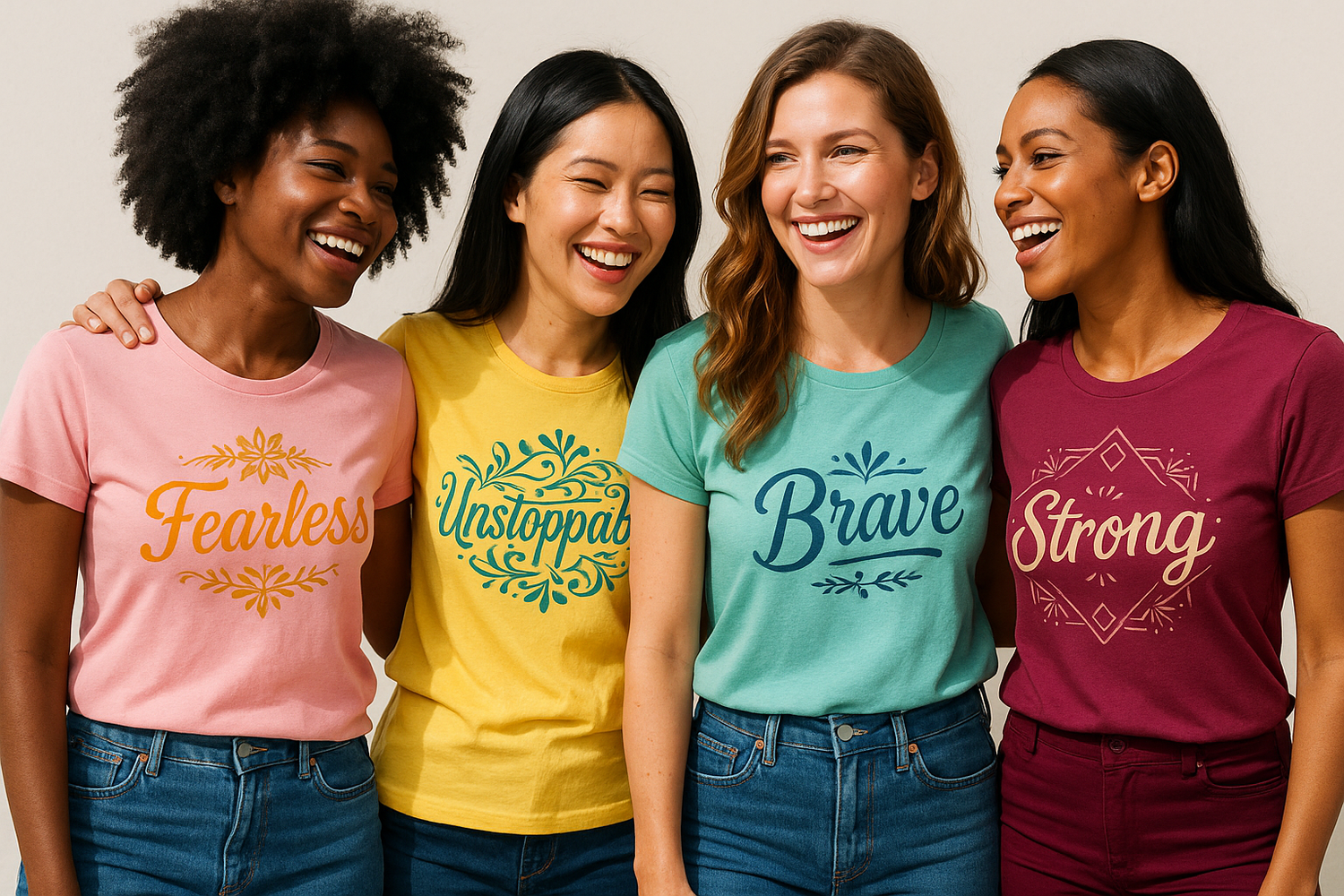 beautiful t-shirt design that a group of women are rocking. They are all the same but with different wording. make it stand out